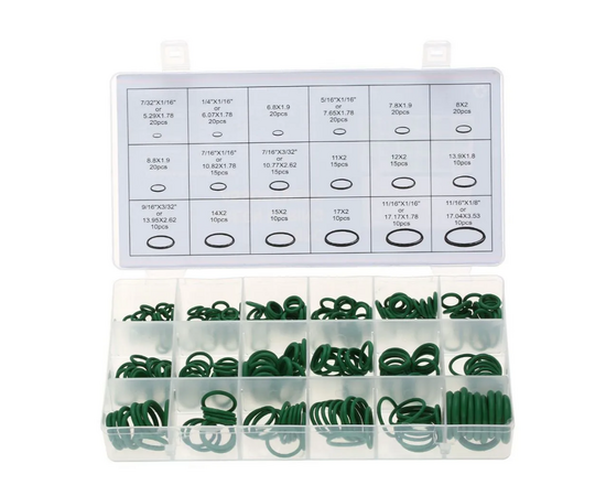 Набор уплотнительных колец для автокондиционеров FC-270 (270шт, 18 типоразмеров, резина HNBR, цвет зеленый, в кейсе), фото 