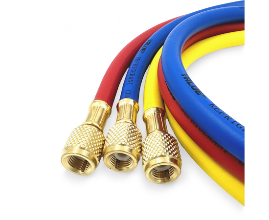 Заправочные шланги Value VRP-U-RYB (1.2 м; 1/4" SAE; набор для R12, 22, 134, 404, 407, 507), до 34 Bar, фото , изображение 5