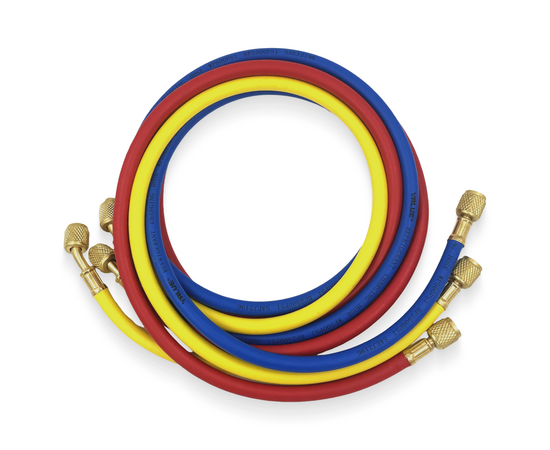 Заправочные шланги Value VRP-U-RYB (1.5 м; 1/4" SAE; набор для R12, 22, 134, 404, 407, 507) до 34 Bar, фото 