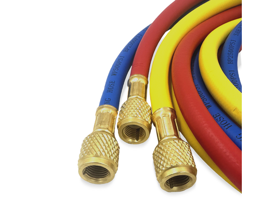 Заправочные шланги Value VRP-U-RYB (1.5 м; 1/4" SAE; набор для R12, 22, 134, 404, 407, 507) до 34 Bar, фото , изображение 2