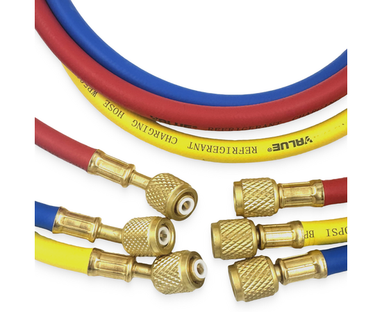 Заправочные шланги Value VRP-U-RYB (1.5 м; 1/4" SAE; набор для R12, 22, 134, 404, 407, 507) до 34 Bar, фото , изображение 4