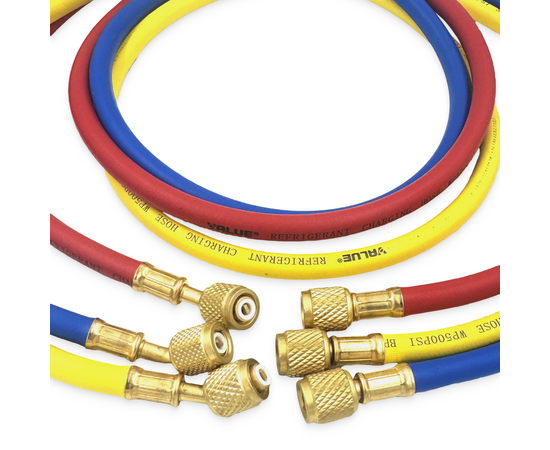 Заправочные шланги Value VRP-U-RYB (1.5 м; 1/4" SAE; набор для R12, 22, 134, 404, 407, 507) до 34 Bar, фото , изображение 5