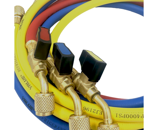 Заправочные шланги с вентилями VALUE VRP-C-RYB 1.5 м; 1/4" SAE; набор 3шт, до 34 Bar, фото , изображение 5