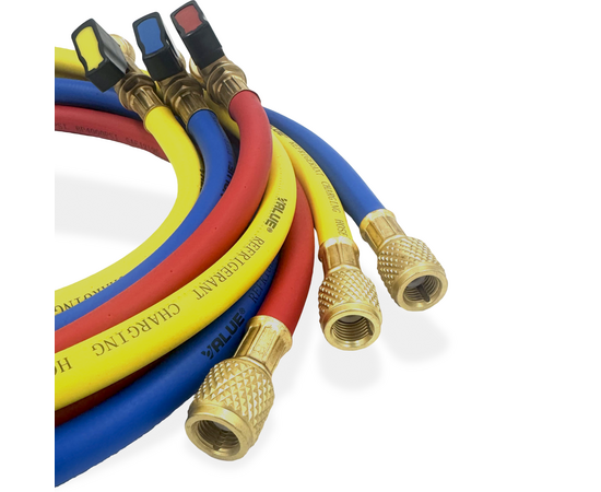 Заправочные шланги с вентилями VALUE VRP-C-RYB 1.5 м; 1/4" SAE; набор 3шт, до 34 Bar, фото , изображение 9