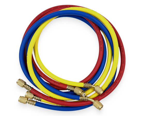 Заправочные шланги DSZH-336-RYB-H-R32/410A набор 3шт по 0.9м, 1/4"-5/16" SAE, до 55 Bar, фото 