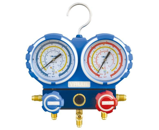 Манометрический коллектор Value VMG-2-R22-03 (R22, R134A, R404A, R407C; 2-х вентильный; без шлангов; манометры 80 мм; упак. блистер), фото 