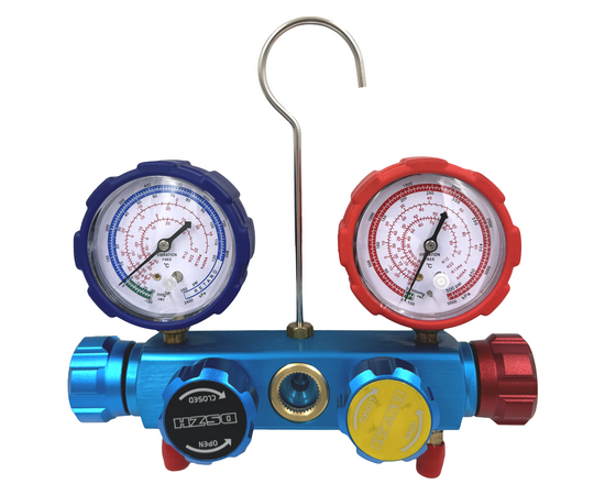 Манометрический коллектор DSZH CT-436G (R12/22/134/404, 4-х вентильный; манометры 68мм, алюминиевый корпус со смотровым стеклом), фото , изображение 2