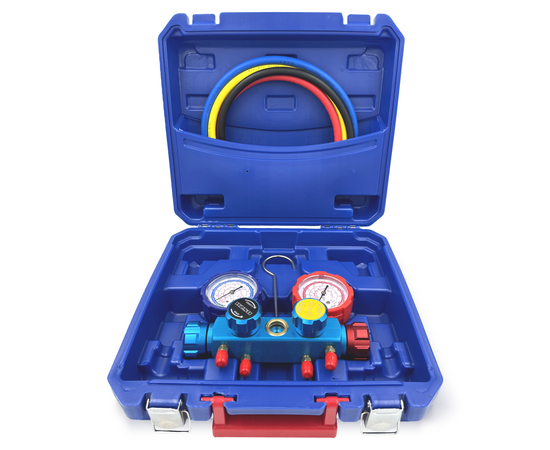 Манометрический коллектор DSZH CT-436G (R12/22/134/404, 4-х вентильный; манометры 68мм, алюминиевый корпус со смотровым стеклом), фото 