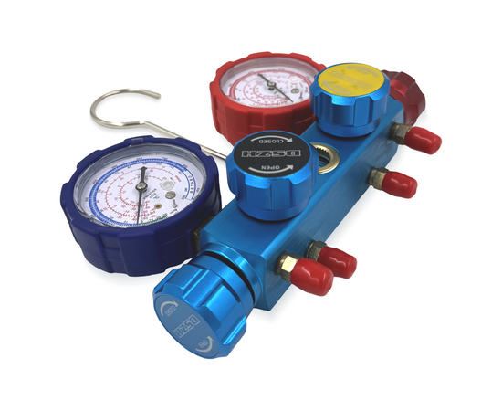 Манометрический коллектор DSZH CT-436G (R12/22/134/404, 4-х вентильный; манометры 68мм, алюминиевый корпус со смотровым стеклом), фото , изображение 6