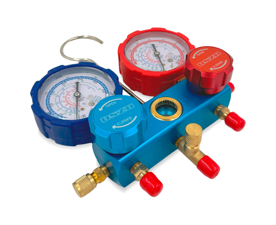 Манометрический коллектор DSZH CT-136G (R22/134/404/407/410, 2-х вентильный; манометры 68мм, алюминиевый корпус со смотровым стеклом), фото , изображение 3