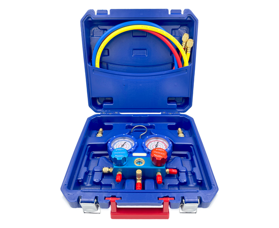 Манометрическая станция DSZH WK-P3602S (R22/32/134/410; 2-х вентильный; шланги 0.9м до 55 Bar-1/4"SAE, 2 адаптера R410xR22, манометры 68мм, в кейсе), фото 