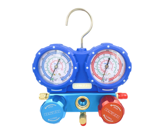 Манометрическая станция DSZH WK-P3602S (R22/32/134/410; 2-х вентильный; шланги 0.9м до 55 Bar-1/4"SAE, 2 адаптера R410xR22, манометры 68мм, в кейсе), фото , изображение 2