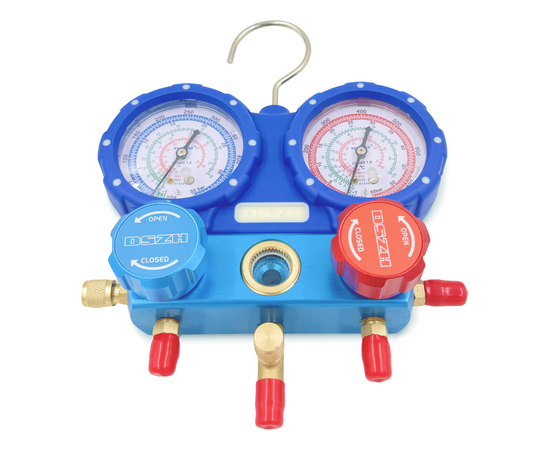 Манометрическая станция DSZH WK-P3602S (R22/32/134/410; 2-х вентильный; шланги 0.9м до 55 Bar-1/4"SAE, 2 адаптера R410xR22, манометры 68мм, в кейсе), фото , изображение 3