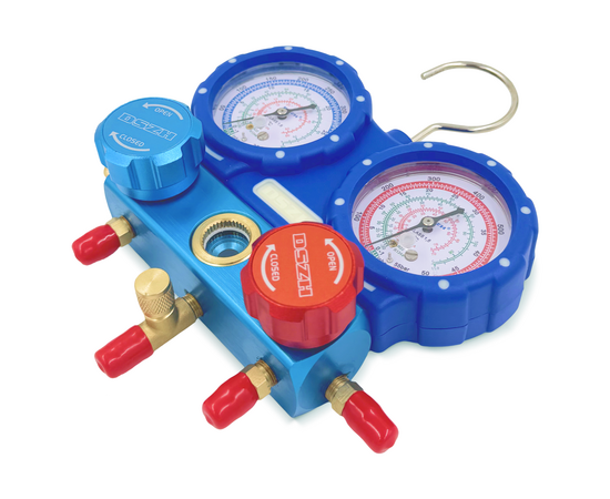 Манометрическая станция DSZH WK-P3602S (R22/32/134/410; 2-х вентильный; шланги 0.9м до 55 Bar-1/4"SAE, 2 адаптера R410xR22, манометры 68мм, в кейсе), фото , изображение 4