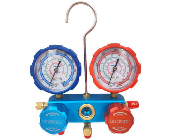 Манометрический коллектор DSZH CT-136G (R22/32/134/410, 2-х вентильный; манометры 68мм, алюминиевый корпус со смотровым стеклом), фото 