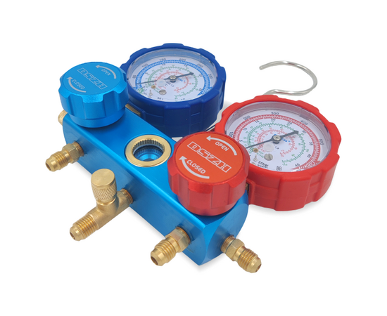 Манометрический коллектор DSZH CT-136G (R22/32/134/410, 2-х вентильный; манометры 68мм, алюминиевый корпус со смотровым стеклом), фото , изображение 5