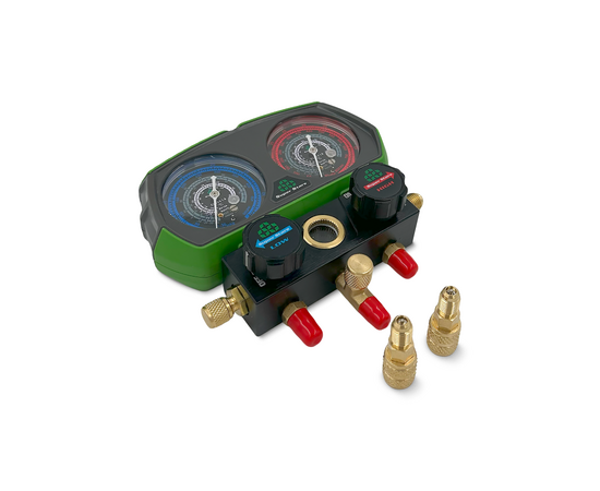 Манометрическая станция Super Stars ST-B268(R22/404/407/410, 2-х вентильный; шланги 1.5м, 55 Bar-1/4"SAE, 2 адаптера R410xR22 манометры 68мм, в кейсе), фото , изображение 3
