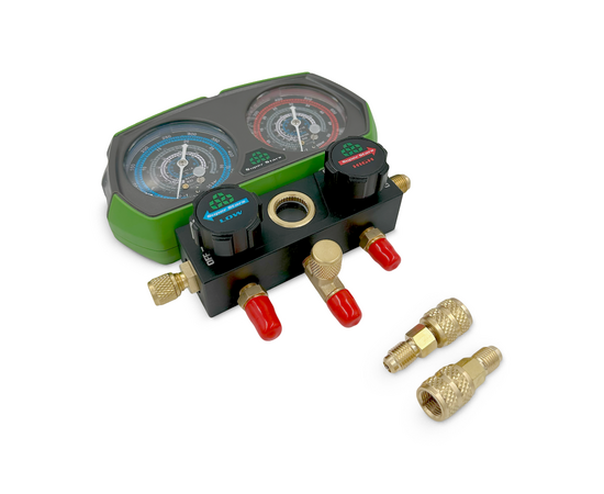 Манометрическая станция Ballu Super Stars ST-B268(R32/134/404/410/507, 2-х вентильный; шланги 1.5м, 55 Bar-1/4"SAE, 2 адаптера R410xR22 манометры 68мм, в кейсе), фото , изображение 3