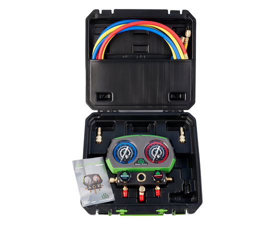 Манометрическая станция Super Stars ST-B280(R22/32/134/410, 2-х вентильный; шланги 1.5м, 55 Bar-1/4"SAE, 2 адаптера R410xR22 манометры 80мм, в кейсе), фото 