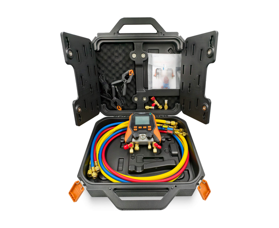 Цифровой манометрический 4х вентильный коллектор Elitech MS-870S-03 (2 датчика WTP-1, 3 шланга с вентилями 1.5м 1/4"SAE, 1 шланг 1,5м 3/8"SAE, 2 адаптера, сервисный вентиль, кейс), фото 