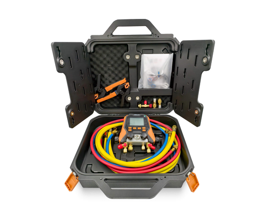 Цифровой манометрический 4х вентильный коллектор Elitech MS-870S-01 (2 датчика IPT-01S, 3 шланга с вентилями 1.5м 1/4"SAE, 1 шланг 1,5м 3/8"SAE, 2 адаптера, сервисный вентиль, кейс), фото 