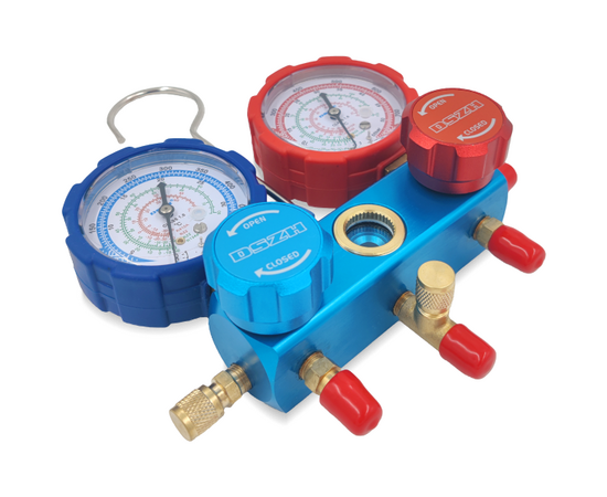 Манометрический коллектор DSZH CT-136G (R22/407/410, 2-х вентильный; манометры 68мм, алюминиевый корпус со смотровым стеклом), фото , изображение 2