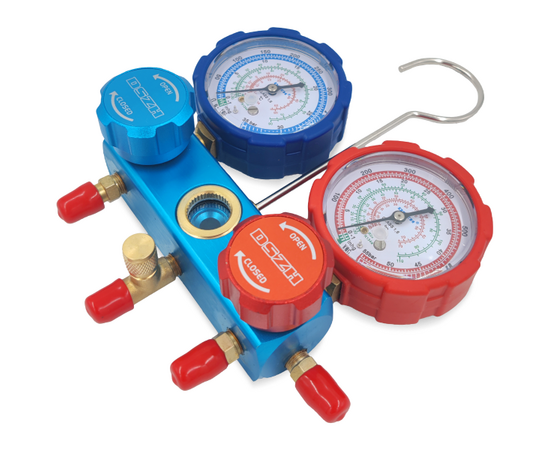 Манометрический коллектор DSZH CT-136G (R22/407/410, 2-х вентильный; манометры 68мм, алюминиевый корпус со смотровым стеклом), фото , изображение 3