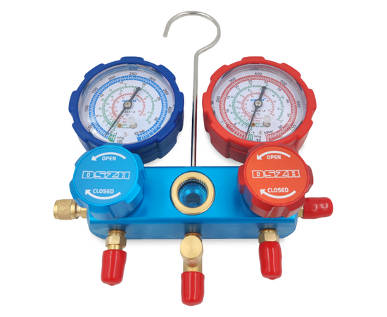 Манометрический коллектор DSZH CT-136G (R22/407/410, 2-х вентильный; манометры 68мм, алюминиевый корпус со смотровым стеклом), фото , изображение 4