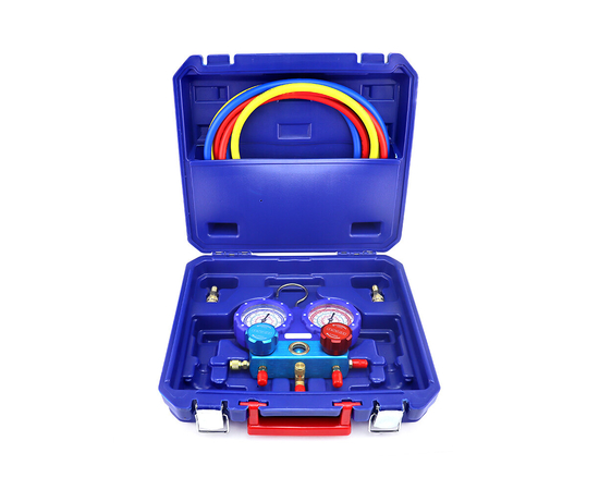 Манометрическая станция DSZH WK-P6002B (R22/ 32/ 134/ 410;  2-х вент; шланги 1.5м до 55 Bar-1/4"SAE, 2 адаптера AD89, манометры 80мм, кейс), фото 