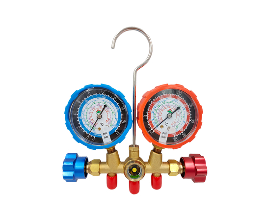 Манометрическая станция HONGSEN HS-536C (R22/134/404/407), 2-х вентильная; шланги 0.9м-1/4"SAE до 41 Bar; манометры 68мм, латунный корпус со смотровым стеклом), фото 