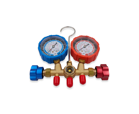 Манометрическая станция HONGSEN HS-536C (R22/134/404/407), 2-х вентильная; шланги 0.9м-1/4"SAE до 41 Bar; манометры 68мм, латунный корпус со смотровым стеклом), фото , изображение 2