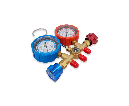 Манометрическая станция HONGSEN HS-536C (R22/134/404/407), 2-х вентильная; шланги 0.9м-1/4"SAE до 41 Bar; манометры 68мм, латунный корпус со смотровым стеклом), фото , изображение 4