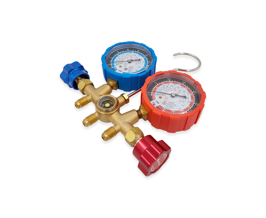 Манометрическая станция HONGSEN HS-536C (R22/134/404/407), 2-х вентильная; шланги 0.9м-1/4"SAE до 41 Bar; манометры 68мм, латунный корпус со смотровым стеклом), фото , изображение 5
