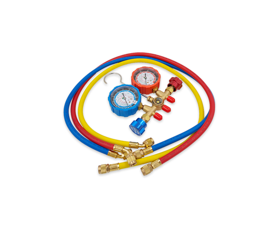 Манометрическая станция HONGSEN HS-536C (R22/134/404/407), 2-х вентильная; шланги 0.9м-1/4"SAE до 41 Bar; манометры 68мм, латунный корпус со смотровым стеклом), фото , изображение 7