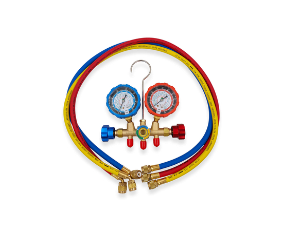 Манометрическая станция HONGSEN HS-536G-410 (R22/134/404/410, 2-х вентильная; шланги 0.9м-1/4х5/16"SAE до 55 Bar; латунный корпус со смотровым стеклом), фото 