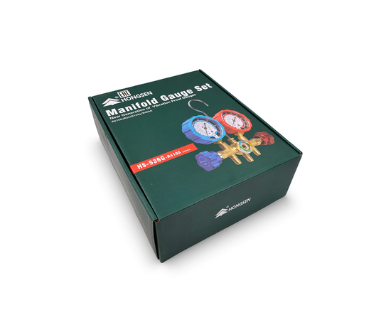 Манометрическая станция HONGSEN HS-536G-410 (R22/134/404/410, 2-х вентильная; шланги 0.9м-1/4х5/16"SAE до 55 Bar; латунный корпус со смотровым стеклом), фото , изображение 10