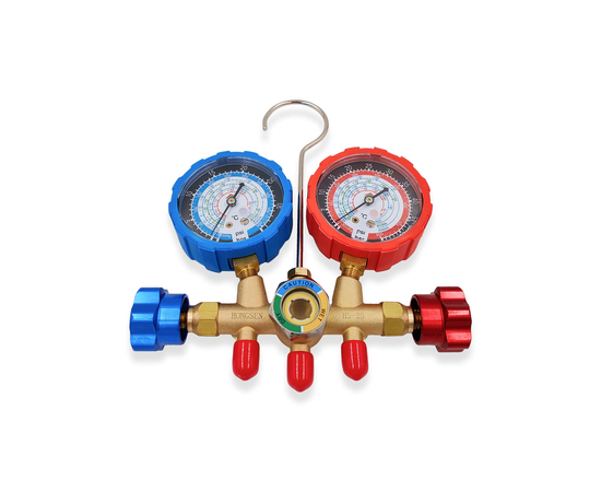Манометрическая станция HONGSEN HS-536G-410 (R22/134/404/410, 2-х вентильная; шланги 0.9м-1/4х5/16"SAE до 55 Bar; латунный корпус со смотровым стеклом), фото , изображение 3