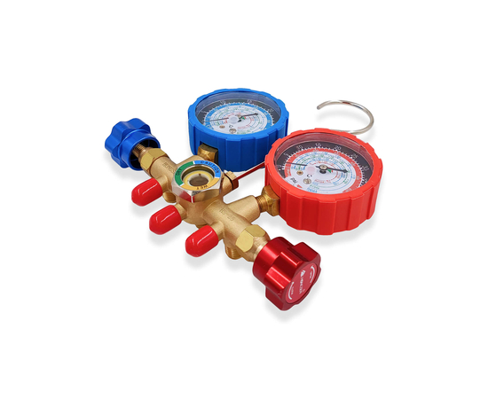 Манометрическая станция HONGSEN HS-536G-410 (R22/134/404/410, 2-х вентильная; шланги 0.9м-1/4х5/16"SAE до 55 Bar; латунный корпус со смотровым стеклом), фото , изображение 4