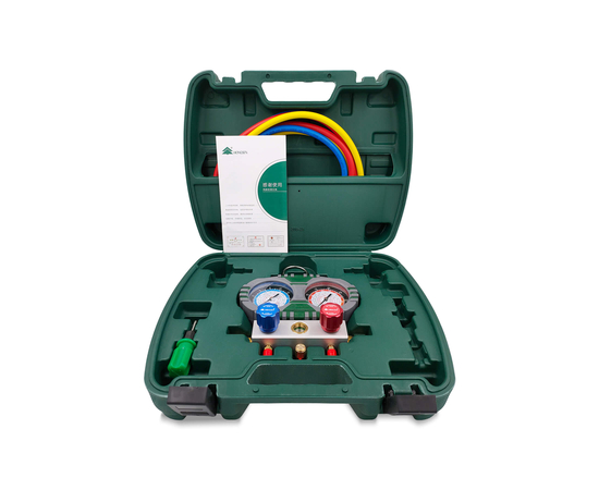 Манометрическая станция HONGSEN HS-S60-101-A (R22/134/404/407; 2-х вент; шланги 1.5м-1/4"SAE до 41 Bar; отвертка; манометры 80мм, кейс), фото 