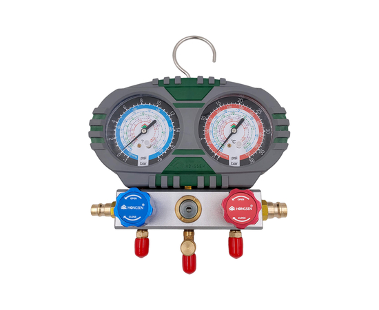 Манометрическая станция HONGSEN HS-S60-101-A (R22/134/404/407; 2-х вент; шланги 1.5м-1/4"SAE до 41 Bar; отвертка; манометры 80мм, кейс), фото , изображение 2