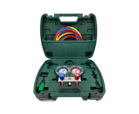 Манометрическая станция HONGSEN HS-S60-102-A (R32/410; 2-х вент; шланги 1.5м-1/4х5/16"SAE до 55 Bar; отвертка; манометры 80мм, кейс), фото 