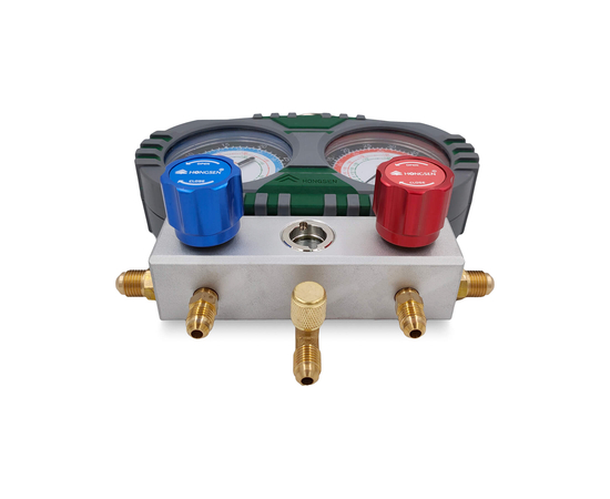 Манометрическая станция HONGSEN HS-S60-102-A (R32/410; 2-х вент; шланги 1.5м-1/4х5/16"SAE до 55 Bar; отвертка; манометры 80мм, кейс), фото , изображение 4