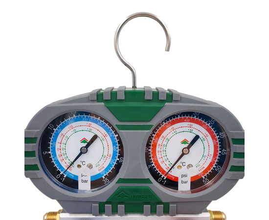 Манометрическая станция HONGSEN HS-S60-102-A (R32/410; 2-х вент; шланги 1.5м-1/4х5/16"SAE до 55 Bar; отвертка; манометры 80мм, кейс), фото , изображение 3