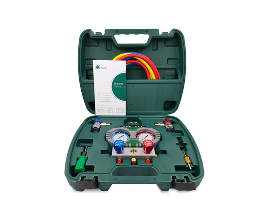 Манометрическая станция HONGSEN HS-S60-105-A (R22/134/404/407; 2-х вент; шланги 1.5м-1/4"SAE до 41 Bar; 2 муфты R134A; ключ для золотников; отвертка; манометры 80мм; упак. кейс), фото 