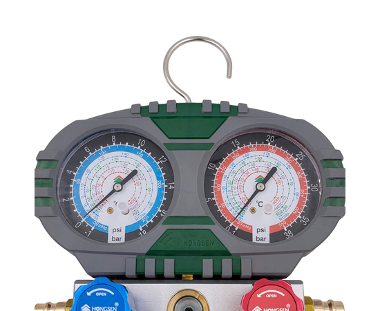 Манометрическая станция HONGSEN HS-S60-105-A (R22/134/404/407; 2-х вент; шланги 1.5м-1/4"SAE до 41 Bar; 2 муфты R134A; ключ для золотников; отвертка; манометры 80мм; упак. кейс), фото , изображение 3