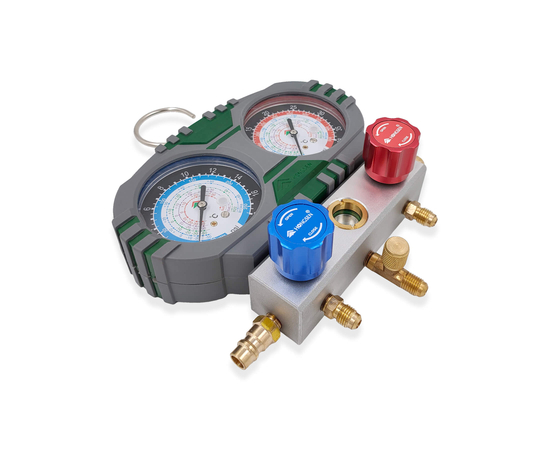 Манометрическая станция HONGSEN HS-S60-105-A (R22/134/404/407; 2-х вент; шланги 1.5м-1/4"SAE до 41 Bar; 2 муфты R134A; ключ для золотников; отвертка; манометры 80мм; упак. кейс), фото , изображение 6