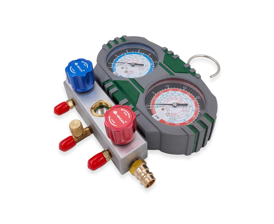 Манометрическая станция HONGSEN HS-S60-105-A (R22/134/404/407; 2-х вент; шланги 1.5м-1/4"SAE до 41 Bar; 2 муфты R134A; ключ для золотников; отвертка; манометры 80мм; упак. кейс), фото , изображение 7