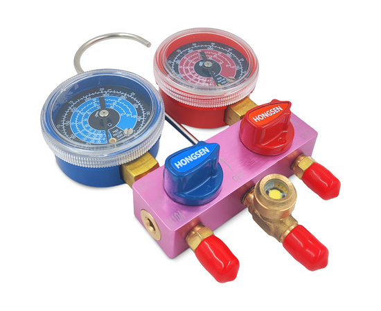 Манометрический коллектор HONGSEN HS-M02-410-22-A (R22/32/410; 2-х вент; шланги 1.2м-1/4х5/16"SAE до 41 Bar; 2 адаптера штуцер 5/16"-R410A; гайка 1/4"-R22, в кейсе), фото , изображение 3