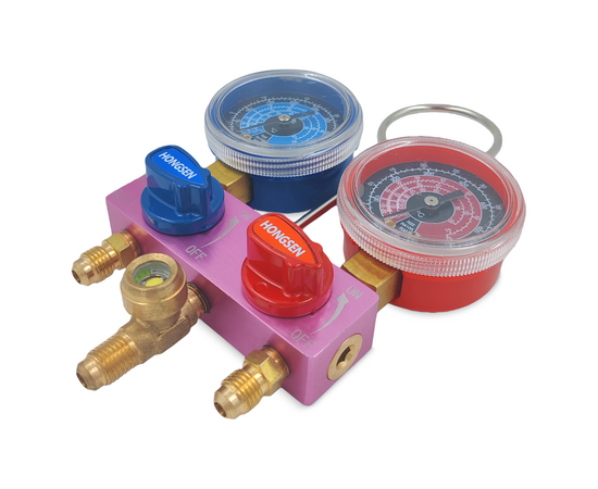 Манометрический коллектор HONGSEN HS-M02-410-22-A (R22/32/410; 2-х вент; шланги 1.2м-1/4х5/16"SAE до 41 Bar; 2 адаптера штуцер 5/16"-R410A; гайка 1/4"-R22, в кейсе), фото , изображение 4