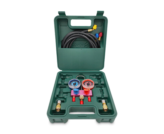 Манометрический коллектор HONGSEN HS-M02-410-22-A (R22/32/410; 2-х вент; шланги 1.2м-1/4х5/16"SAE до 41 Bar; 2 адаптера штуцер 5/16"-R410A; гайка 1/4"-R22, в кейсе), фото , изображение 6